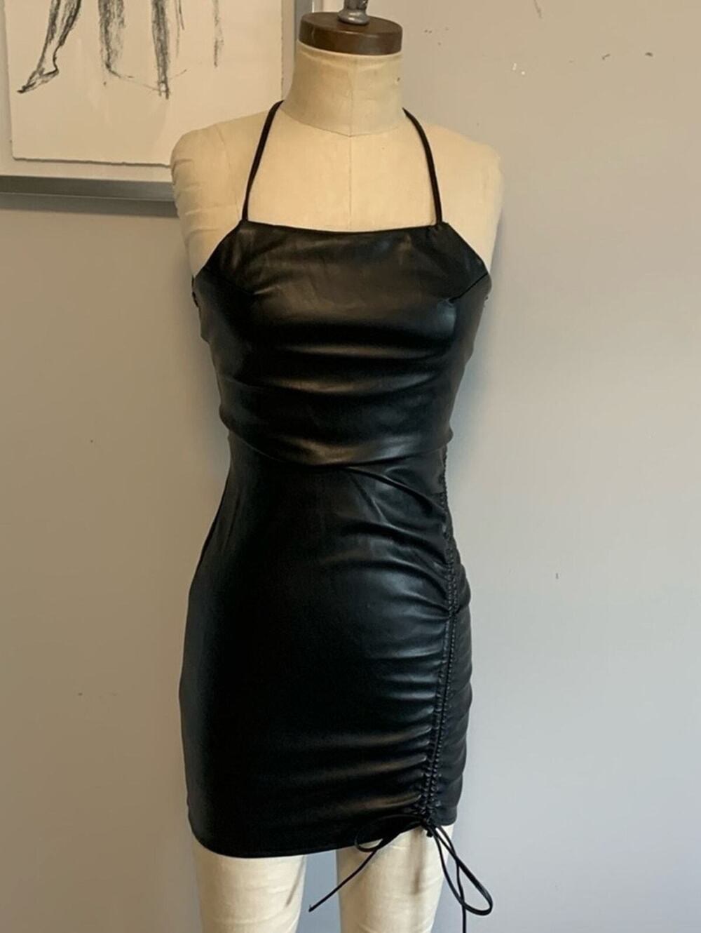 NWT Love Tree Faux Leather Black Mini Dress Pinup Goth Whimsy Women's Small New